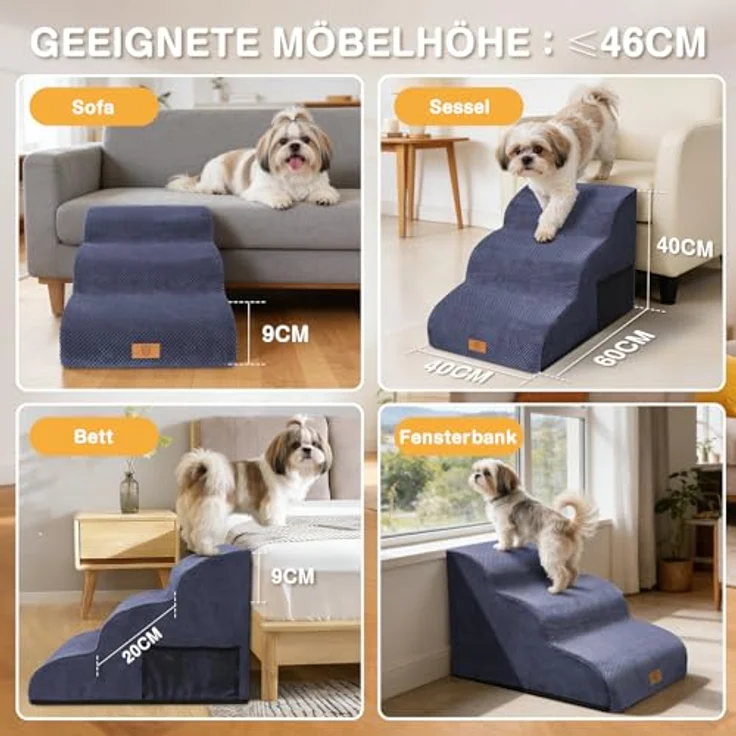ZNM Hundetreppe – 3-stufige, wasserdichte Haustiertreppe für kleine Hunde, mit waschbarem Bezug und Reißverschluss, rutschfester Schwamm-Rampe, tragbar, auch als Katzentreppe nutzbar – Bild 9