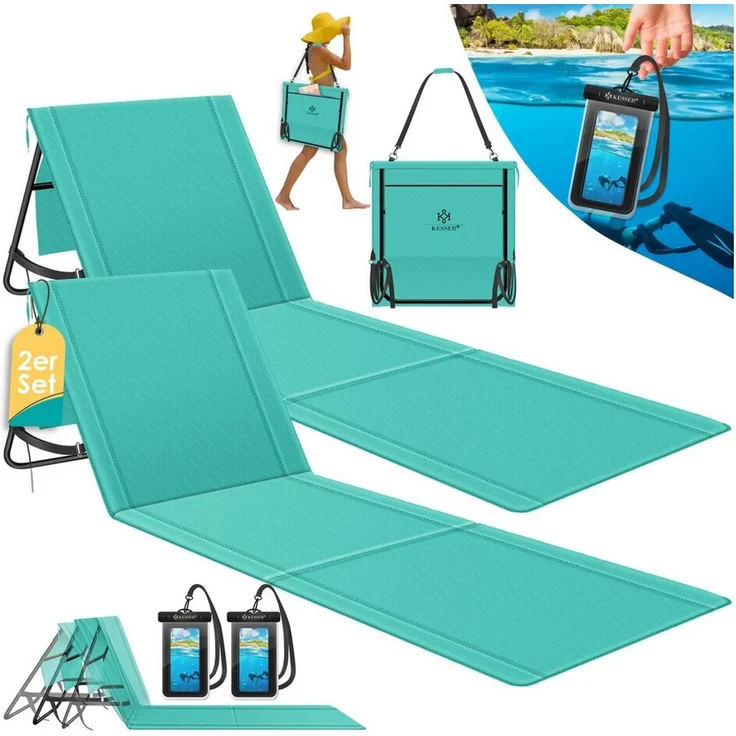 KESSER® Strandmatte klappbar mit verstellbarer Rückenlehne, Strandliege faltbar mit Tragegurt, wasserdichter Handyhülle & Aufbewahrungstasche, Sonnenliege für Strand Garten Terrasse, Liegematte 130Kg Blau, 2er Set / 50W – Bild 1