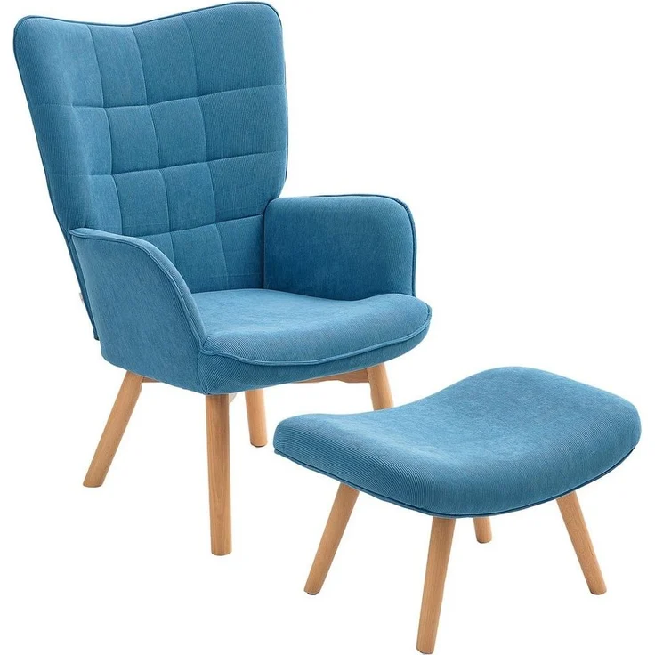 HOMCOM Relaxsessel Ohrensessel mit Hoher Rückenlehne, Holzbeine (Sessel mit Hocker, 2-St, Loungesessel), mit getuftetem Design, Cord-Optik, für Wohnzimmer, Blau – Bild 1