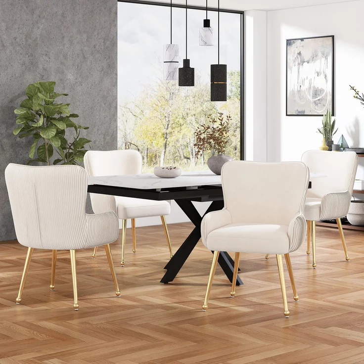 Samt Beige Esszimmerstuhl 2er Set,ergonomischer Lendenstütze, 10 cm dicker Sitzpolsterung, höhenverstellbaren Gold Metallbeinen – Bild 1