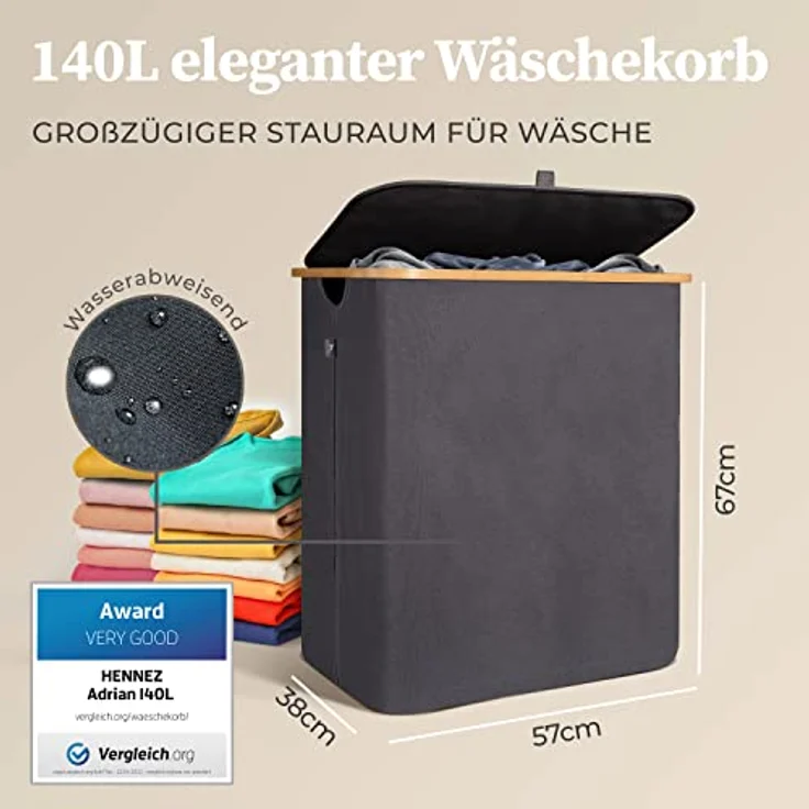 HENNEZ Wäschekorb Bambus mit Deckel 2 Fächer, 140L Wäschesack - Wäschesortierer Wäschebox Wäschetonne Wäschesammler – Bild 4