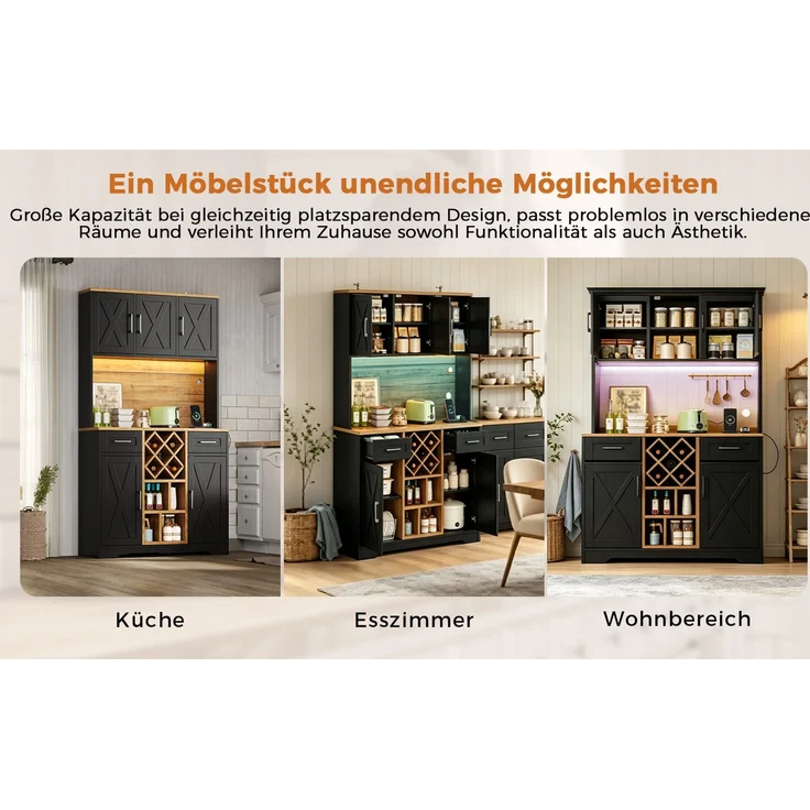 ZUBALIYA hoher Stauraumschrank mit LED-Beleuchtung / Vorratsschrank mit Weinregalen, mit weinschrank & Vitrinenschrank für Wohnzimmer und Esszimmer, 180 x 105 x 40 cm, fürs Wohnzimmer, mit Schubladen – Bild 16