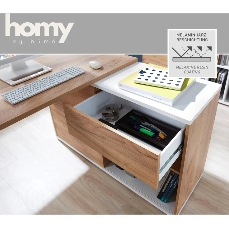 bümö Schreibtisch 120x60 cm mit integriertem Sideboard in Weiß-Eiche, Eckschreibtisch mit Schubladen & Regal - Winkelschreibtisch L-Form, PC Tisch, Computertisch für's Büro, Bürotisch, HYWS-513 – Bild 2