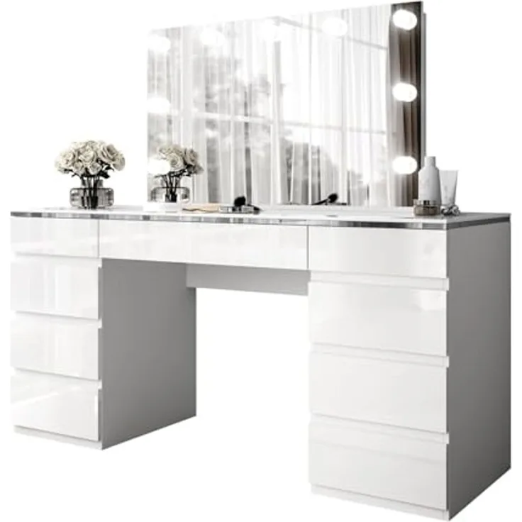Lookway Schminktisch AURORA DOUBLE SILVER Weiß Hochglanz (1x Schminktisch, 1xSpiegel mit LED), mit Spiegel, mit LED, mit Schubladen