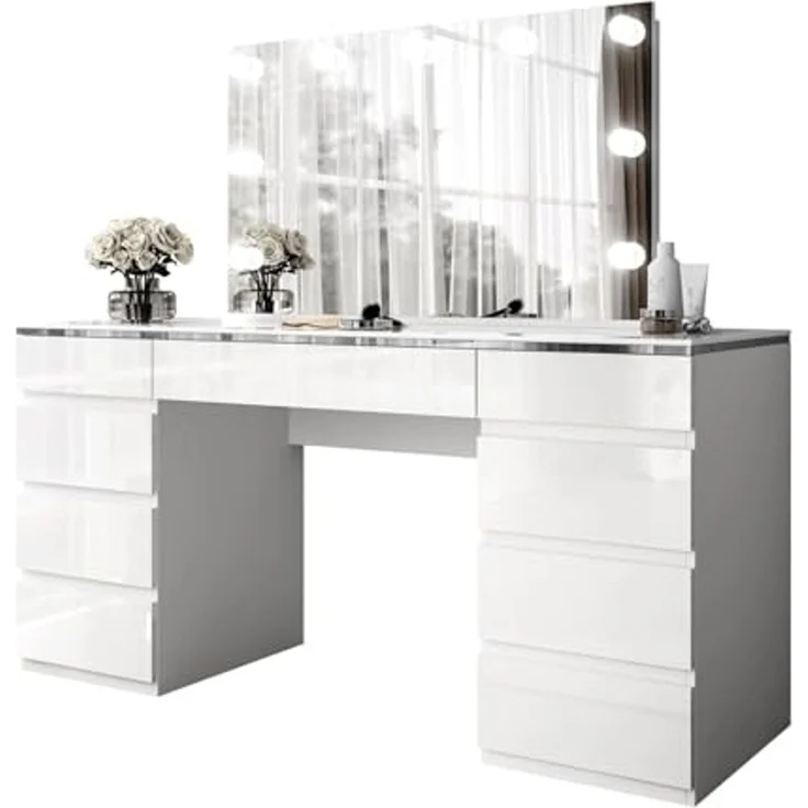 Lookway Schminktisch AURORA DOUBLE SILVER Weiß Hochglanz (1x Schminktisch, 1xSpiegel mit LED), mit Spiegel, mit LED, mit Schubladen – Bild 1
