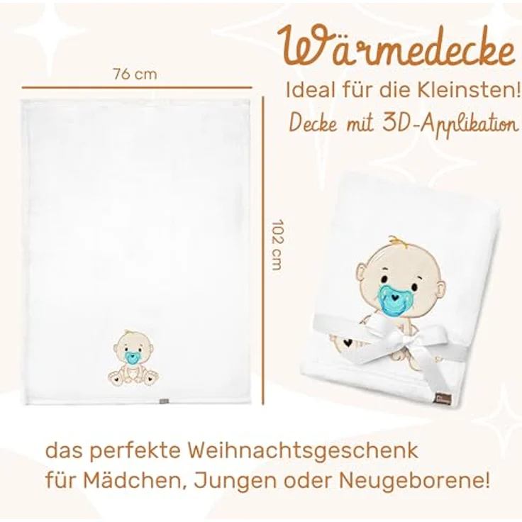 Be Mammy Personalisierte Babydecke mit 3D Applikation Warme Kuscheldecke mit Namen und Geburtsdatum; Perfektes Baby Geschenk; Blanket; Krabbeldecke BE20-280 (Weiß - Junge) – Bild 3