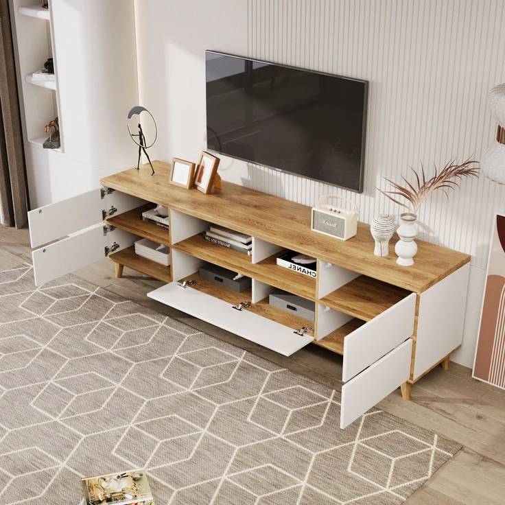 Modernes TV-Gerätemöbel - 175x37x51cm in Weiß & Holz mit praktischem Stauraum, 175 x 37 x 51 cm, Holzoptik+Weiß – Bild 4