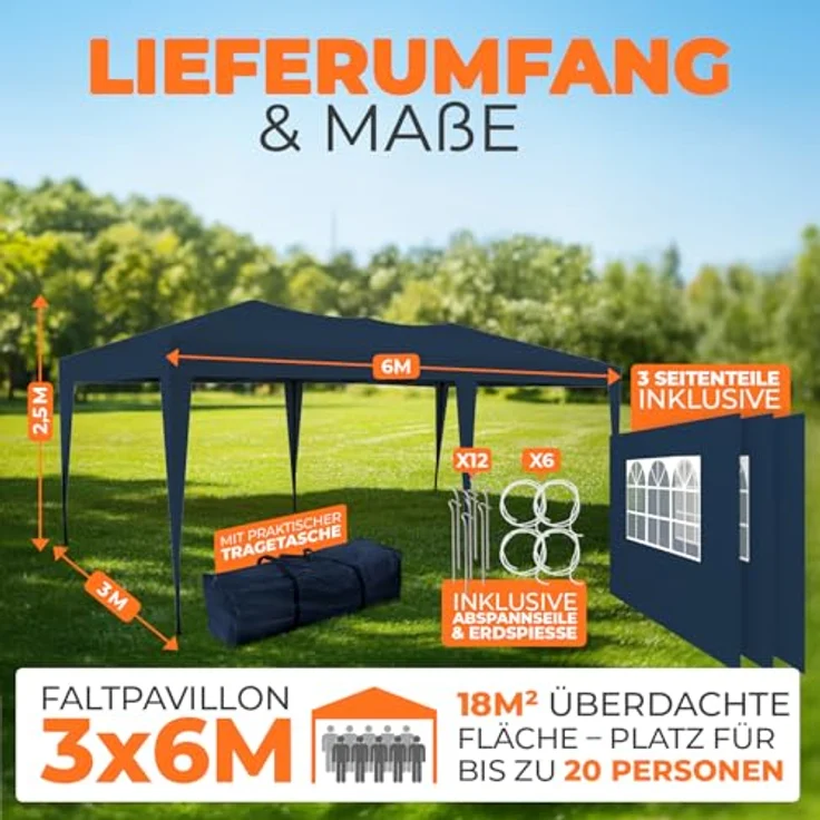 Kronenburg Faltpavillon wasserdicht Pavillon mit 3 Seitenteilen, Gartenzelt, 3x6 m - mit UV Schutz 50+, Blau – Bild 3