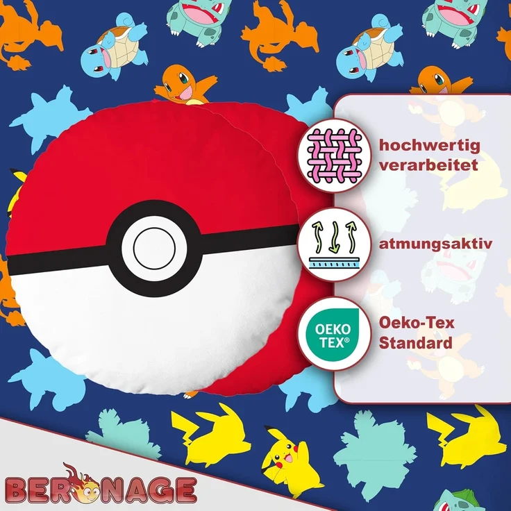 BERONAGE Dekokissen Pokemon Pokéball Konturen-Kissen rund 30x30 cm 100% Polyester, passend zur Bettwäsche, ideal für Sofa, Couch, Bett, Auto, Camping – Bild 3