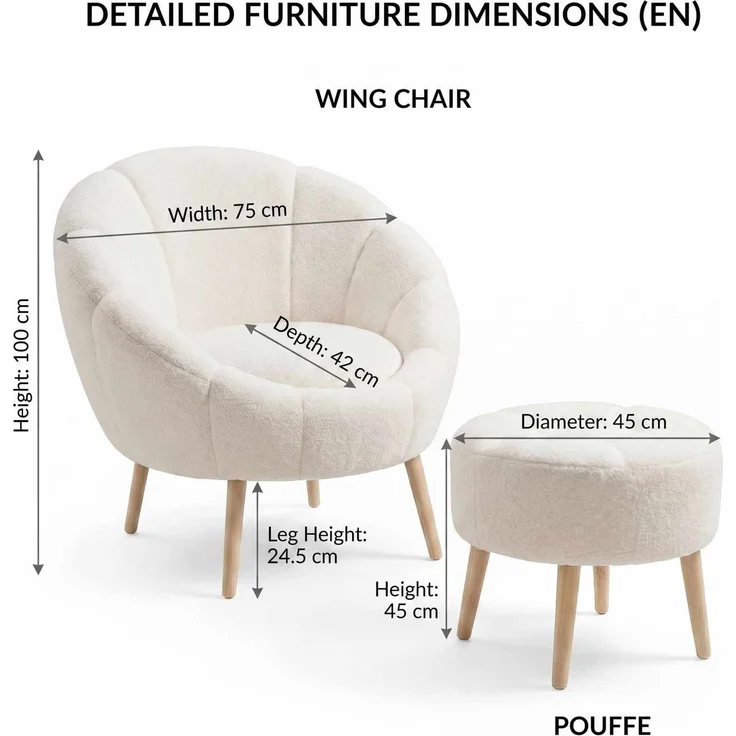Hanah Home 'Lida - White' Ohrensessel- und Hocker-Set (2-teilig), Weiß, 75 x 100 x 42 cm – Bild 3