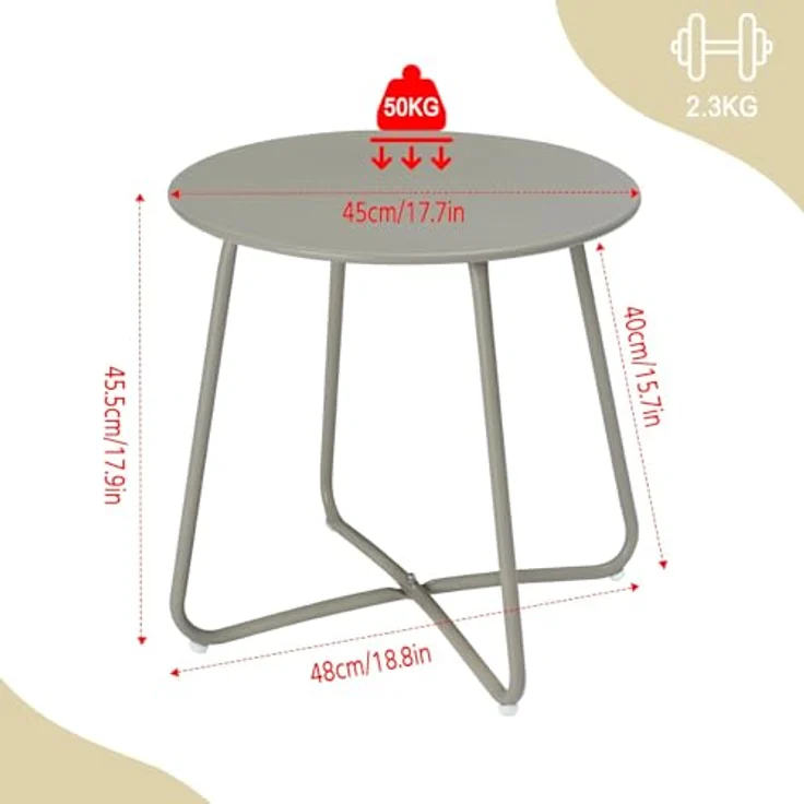 eSituro Beistelltisch rund, Balkontisch Gartentisch, Kaffeetisch Couchtisch Sofatisch Wohnzimmertisch, Kleiner Tisch für Wohnzimmer Balkon Terrasse Garten, aus Metall, φ45xH45 cm, Grau – Bild 3
