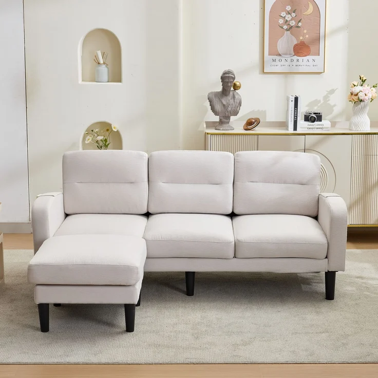Merax 204cm Ecksofa, L-Form Sofa, 3-Sitzer mit Chaiselongue, kleines Ecksofa aus, An der Seite befindet sich eine Aufbewahrungstasche, 10 Sofabeine, Beige – Bild 3