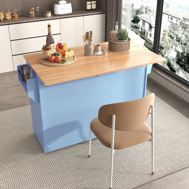 MODFU Küchenwagen mit erweiterbarer Arbeitsplatte, (Servierwagen, Kücheninsel, Servierwagen, Küchenschrank, 1 St, 4 Türen), mit Rollen und austauschbaren Holzbeinen, 120x46(70)x91 cm – Bild 3