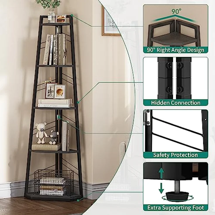 YITAHOME 5-Stöckiges Eck-Bücherregal - Industrielles, Modernes Freistehendes Leiter-Regal - Offenes Holzregal für Wohnzimmer, Diele, Home Office, Schwarz – Bild 5