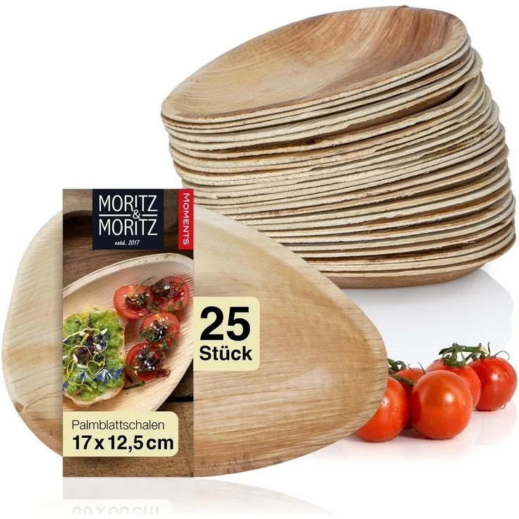 Moritz & Moritz Einweggeschirr-Set 25tlg Palmblatt Schale Oval (25-tlg), 25 Personen, Palmblatt, Birkenholz, Nachhaltiges Einweggeschirr - 25 Teller Einweg - oval 17x12,5 cm