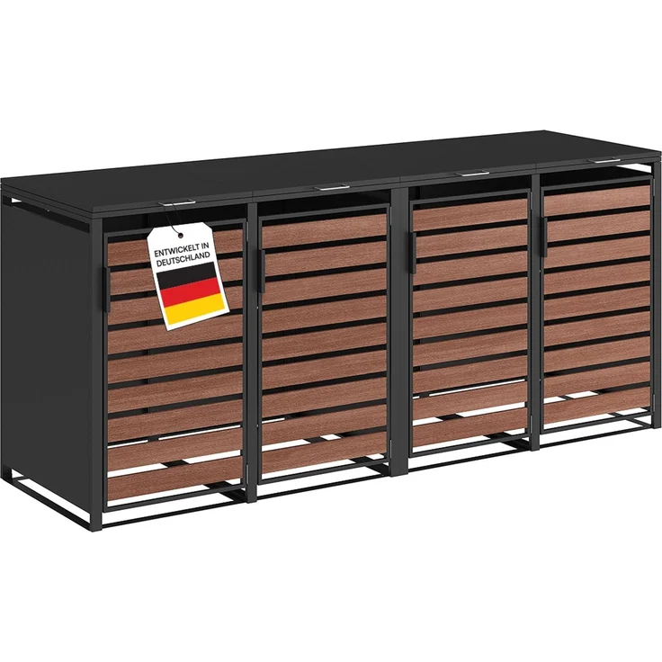 STEELSØN 'Kestra' Mülltonnenbox 4er je 240 Liter, graphitschwarz mit Nußbaum-Holzoptik, Mülltonnenverkleidung aus Stahl, wetterfest, 116x80x268 cm, Müllbox für 4 Tonnen – Bild 1