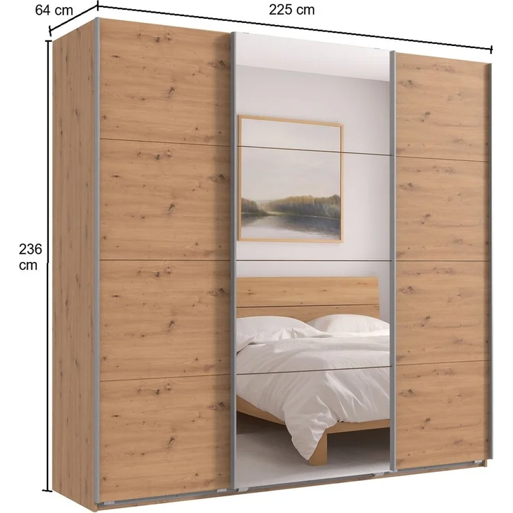 Schwebetürenschrank Kleiderschrank B225 cm extra H236 cm 3-türig Eiche Artisan Dekor, 1x Spiegeltür – Bild 5