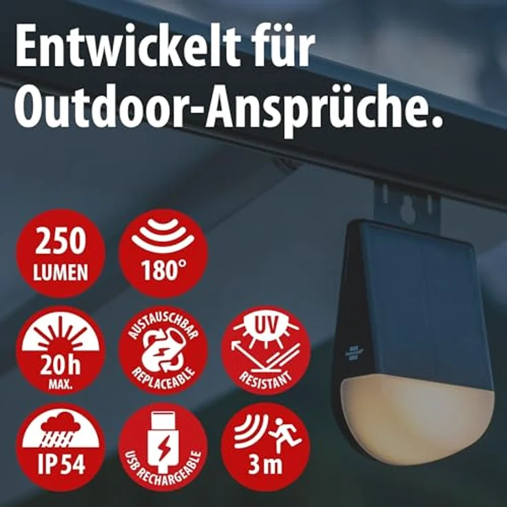 Brennenstuhl Akku Solar LED Outdoor Lampe KL 300 AS, Wandleuchte mit Bewegungsmelder, 250lm, IP54, 3 Leuchtstufen, max. 20h Leuchtdauer, Adapter für Kederschiene – Bild 2