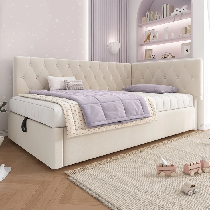 Polsterbett 90x200 cm aus Samt mit hydraulischem Stauraum – L‑förmiges Daybed, beige – Bild 3