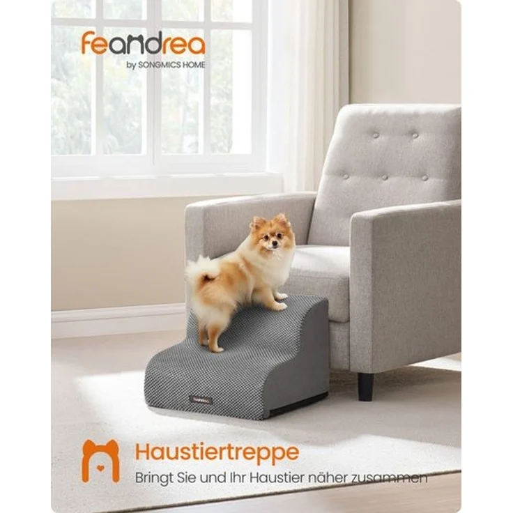 FEANDREA Hundetreppe, 2-stufig-Haustiertreppe, Waffelcord, rutschfest, abnehmbarer waschbarer Bezug, taubengrau – Bild 2