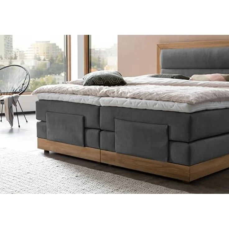 Belanoti Boxspringbett MODELA (Boxspringbett 180x200 elektrisch verstellbar Bett 180x200 mit Motor, 7-Zonen Taschenfederkern Matratze inklusive Visco Topper), in der Farbe Anthrazit H2/H3 Polsterbett Motorbett mit Eiche – Bild 9