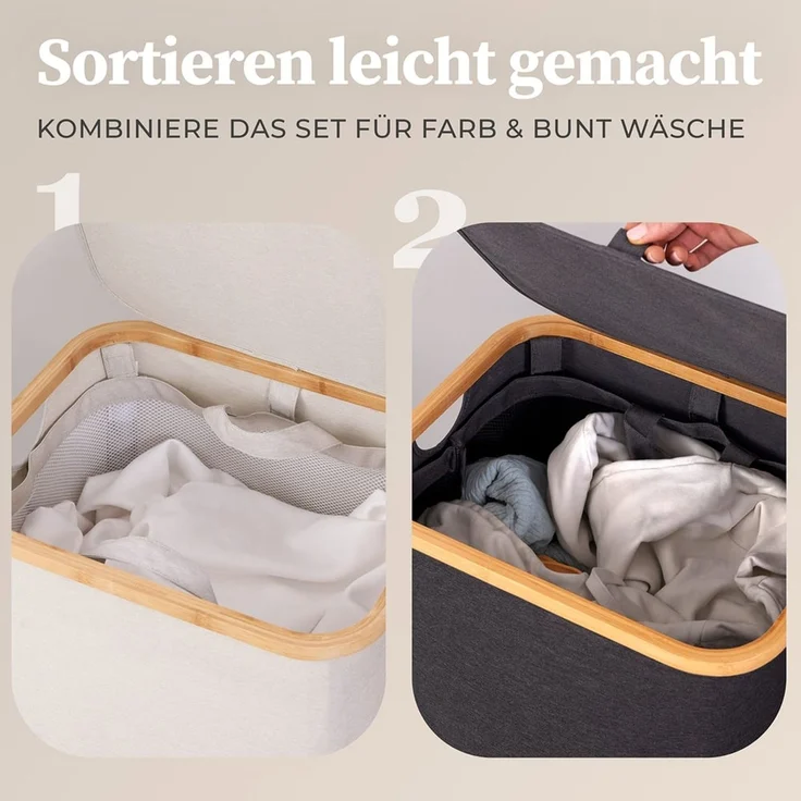HENNEZ Wäschekorb mit Griff aus Bambus, 100 l – Wäschekorb mit Deckel, Dunkelgrau – Bild 4