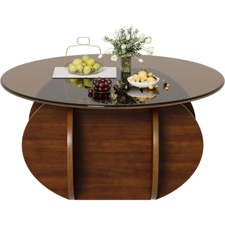 PEALOV Couchtisch mit Glasplatte und Holzgestell, Ø 70 × 40 cm, moderner Wohnzimmertisch (1-St), Moderner runder Beistelltisch aus gehärtetem Glas und Holz – Bild 3