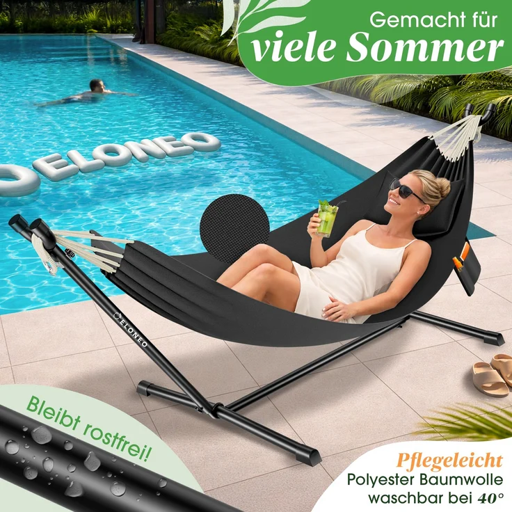 ELONEO Hängematte mit Gestell für 2 Personen, 200 kg Belastbarkeit, höhenverstellbares Hängemattengestell Outdoor und Indoor Hammock inklusive Kissen, Tragetasche und Beutel, Anthrazit – Bild 5