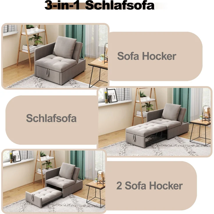 Multifunktions Schlafsofa 3-in-1, 177x68x65 cm, Grau Leinen, verstellbare Rückenlehne – Bild 8