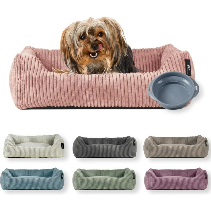 Rohrschneider Tierbett Hundebett Cord für kleine Hunde mit waschbarem Bezug inkl. Futternapf, antiruschbeschichtete Unterseite