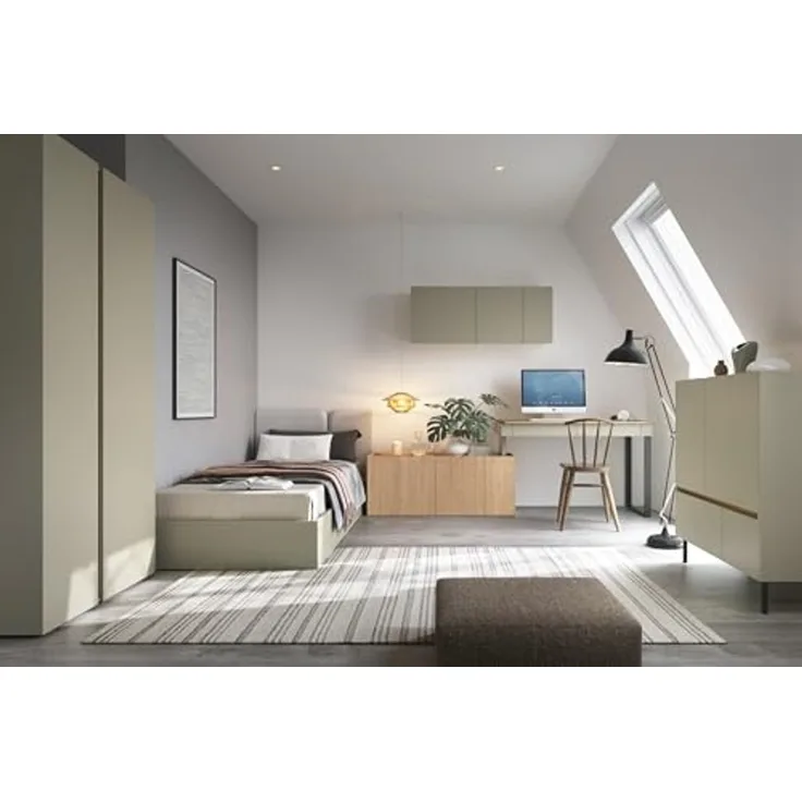 Jugendzimmer Luis in Eukalyptus und Eiche – in verschiedenen Set-Varianten oder als Einzelmöbel - 7 teilig , Kleiderschrank 2-türig · Hängeschrank · Schreibtisch inkl. Kommode · Jugendbett 90×200 cm · Lattenrost · Kommode · Kaltschaummatratze