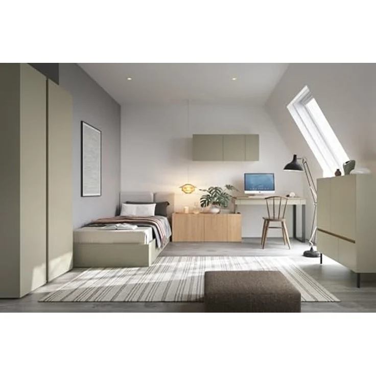 Jugendzimmer Luis in Eukalyptus und Eiche – in verschiedenen Set-Varianten oder als Einzelmöbel - 7 teilig , Kleiderschrank 2-türig · Hängeschrank · Schreibtisch inkl. Kommode · Jugendbett 90×200 cm · Lattenrost · Kommode · Kaltschaummatratze – Bild 1