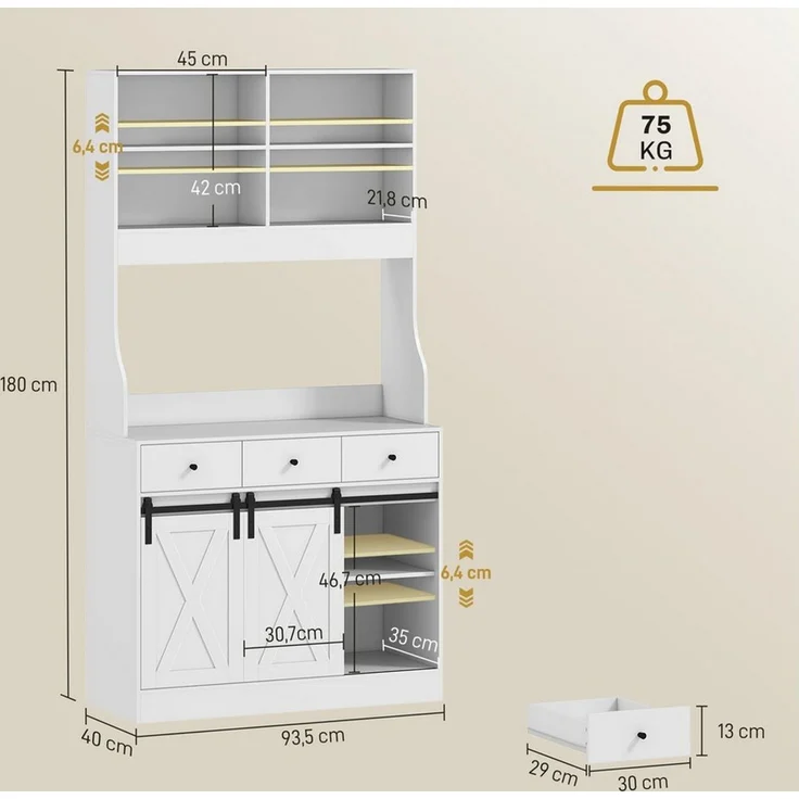 HOMCOM Küchenbuffet mit Arbeitsplatte, Schiebtüren, Schubladen, verstellbare Regale (Hochschrank, 1-St, Küchenschrank mit Regalen) für Küche Esszimmer 93,5 x 40 x 180 cm Weiß – Bild 2
