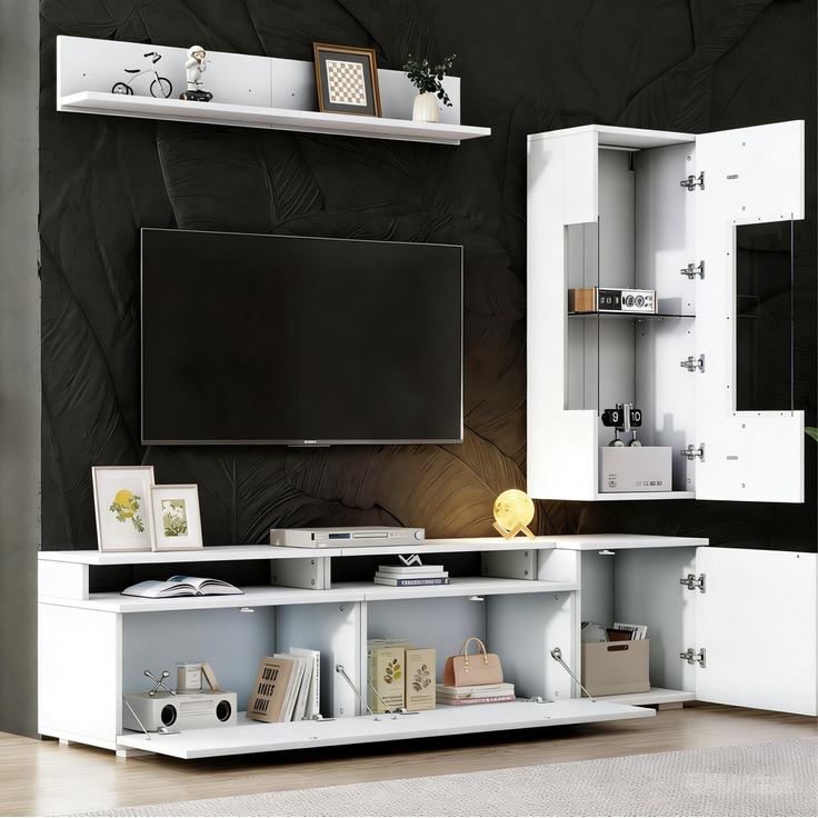 TV-Möbelset mit LED-Beleuchtung, Hochglanzfronten, für TV bis ca. 80 Zoll, 180x40x45 cm, Weiß – Bild 3