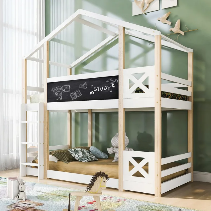 Etagenbett 90x200 cm mit Dachrahmen, Tafel & Leiter, Hochbett aus Kiefernholz, sicher & stabil, Weiß, Kinderbett