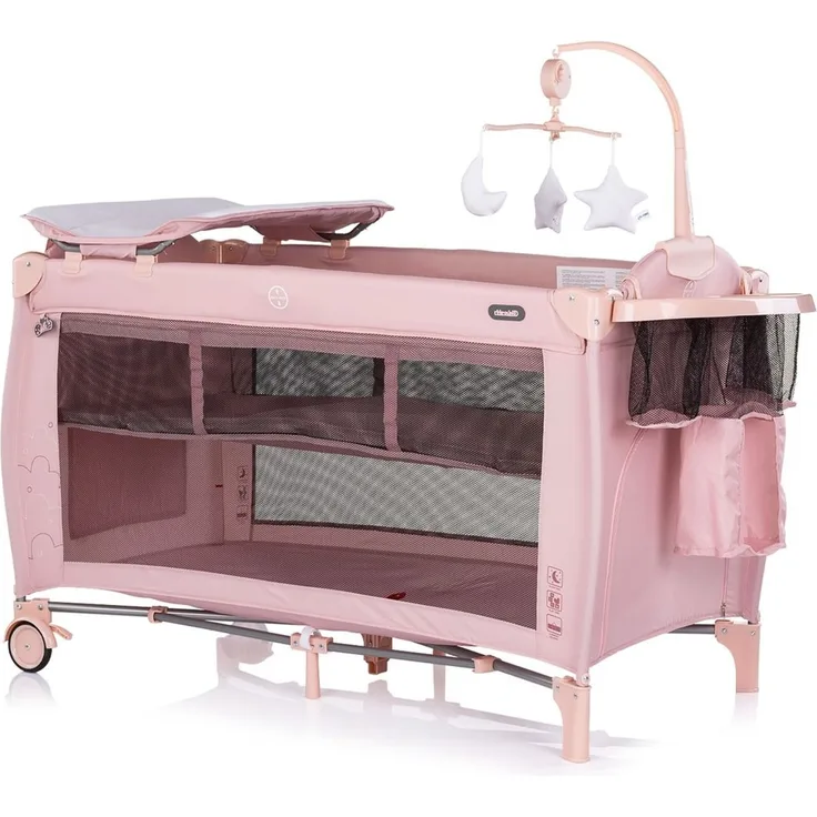 Chipolino Reisebett Bella 2 Ebenen seitlicher Eingang Musikmobile Wickelauflage rosa Baby