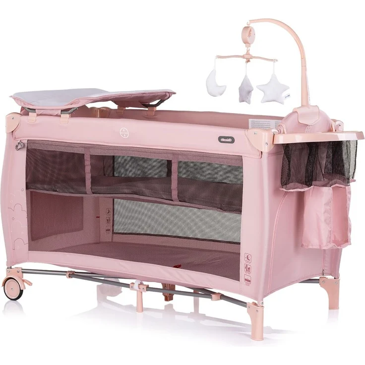 Chipolino Reisebett Bella 2 Ebenen seitlicher Eingang Musikmobile Wickelauflage rosa Baby – Bild 1