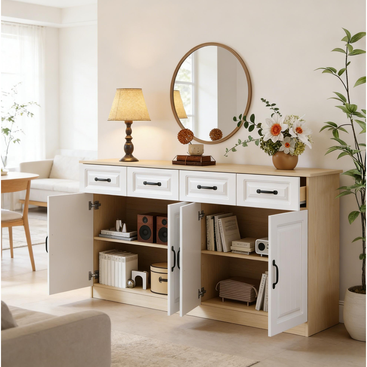 DESVIAE Sideboard mit 4 Schubladen und 4 Türen 160x80x35 cm MDF Weiß/Naturholzfarbe – Bild 5