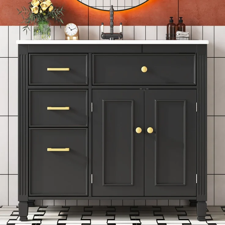 Freistehender Waschtisch, B 91 x T 46,5 x H 87 cm, MDF und Keramik, schwarz – Bild 3