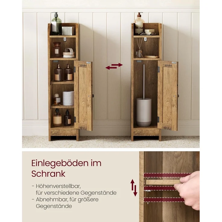 VASAGLE Badezimmerschrank klein, Badschrank schmal, stehend, mit Tür und Regal, kleiner Schrank für Toilettenpapier, Toilettenschrank, verstellbare Ablagen, 20 x 18 x 80 cm, honigbraun, BBK310K01 – Bild 5