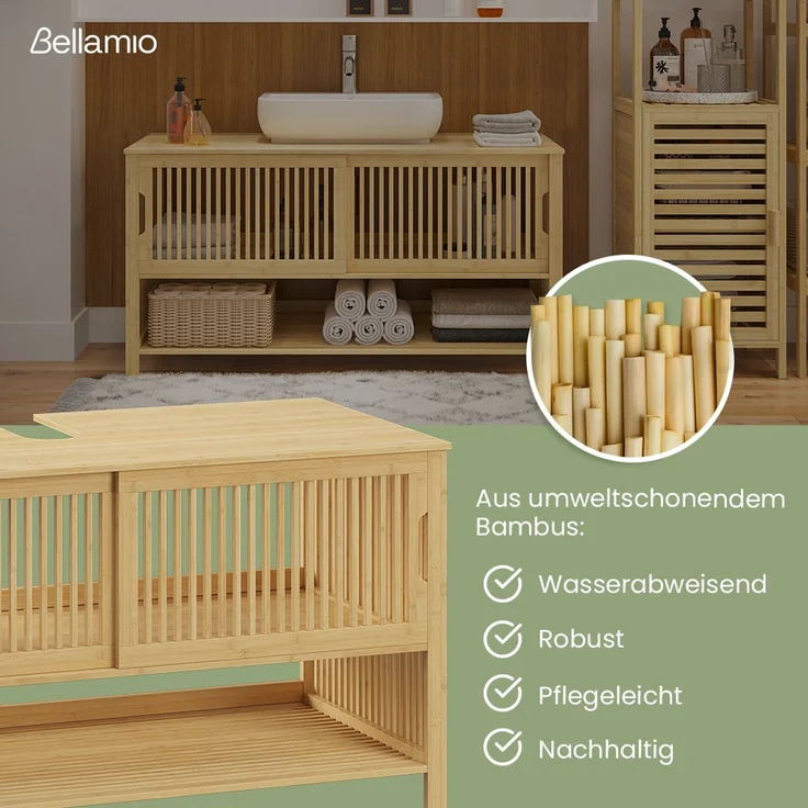 Bellamio 'Sava' Waschbeckenunterschrank, Bambus, natur, Badezimmerschrank mit 2 Ablagefächern und Schiebetüren – Bild 3