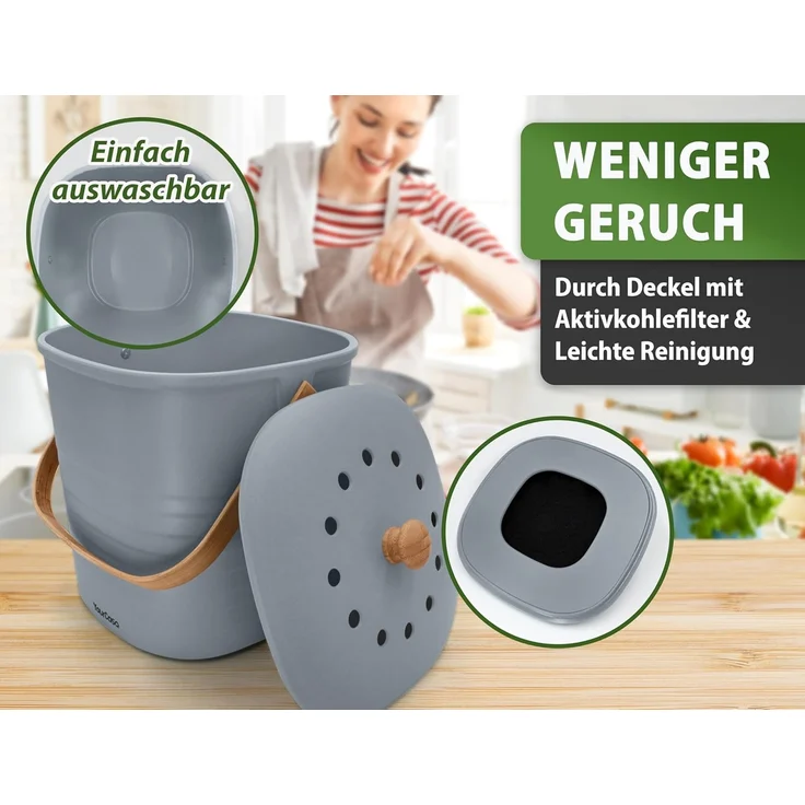 YourCasa Biomülleimer YourCasa® Biomülleimer Küche Klein 4L nachhaltig mit Akivkohlefilter, Fassungsvermögen 4 Liter, Nachhaltige Materialien – Bild 4
