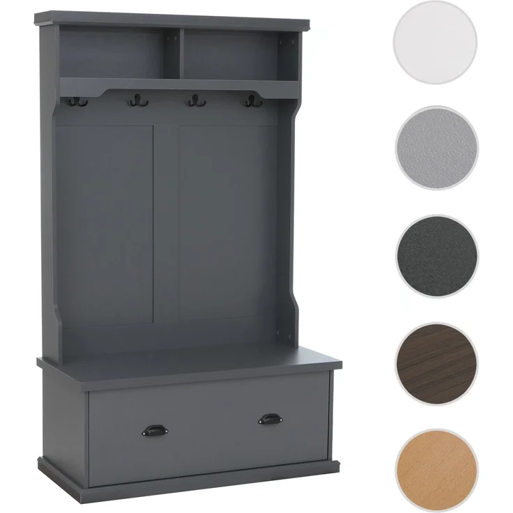 Garderobe HWC-P27, Flurgarderobe Holzgarderobe Sitzbank, 4 Haken Staufach Ablage Melamin 163x100x47cm ~ dunkelgrau – Bild 10