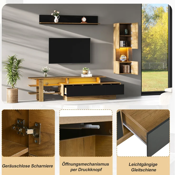 DESVIAE TV-Schrank-Set 3-tlg. mit LED-Beleuchtung und 3 Schubladen 180x40x45 cm MDF Naturholz/Schwarz – Bild 5