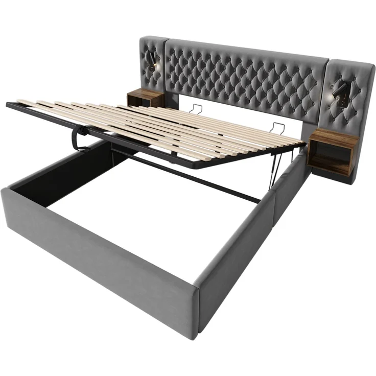 Bettanlage Schlafzimmer Komplett Set,Polsterbett Hydraulisch Stauraumbett Doppelbett 180×200 cm mit 2 Nachttischen, Kopfteil Leselicht mit USB Ladefunktion, Grau, Samt(Ohne Matratze) – Bild 10