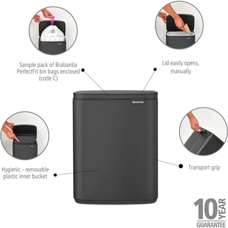 Brabantia Bo Mülleimer 12 l, Kompakter rechteckiger Abfallbehälter mit Softclose-Deckel und herausnehmbarem Inneneimer, mineral infinite grey – Bild 4