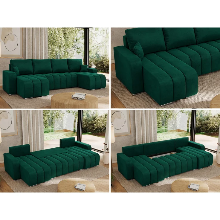 U-förmiges Ecksofa mit Schlaffunktion und Bettkasten, Couch U-form - KIRASSO U - DunkelGrün Velours – Bild 2