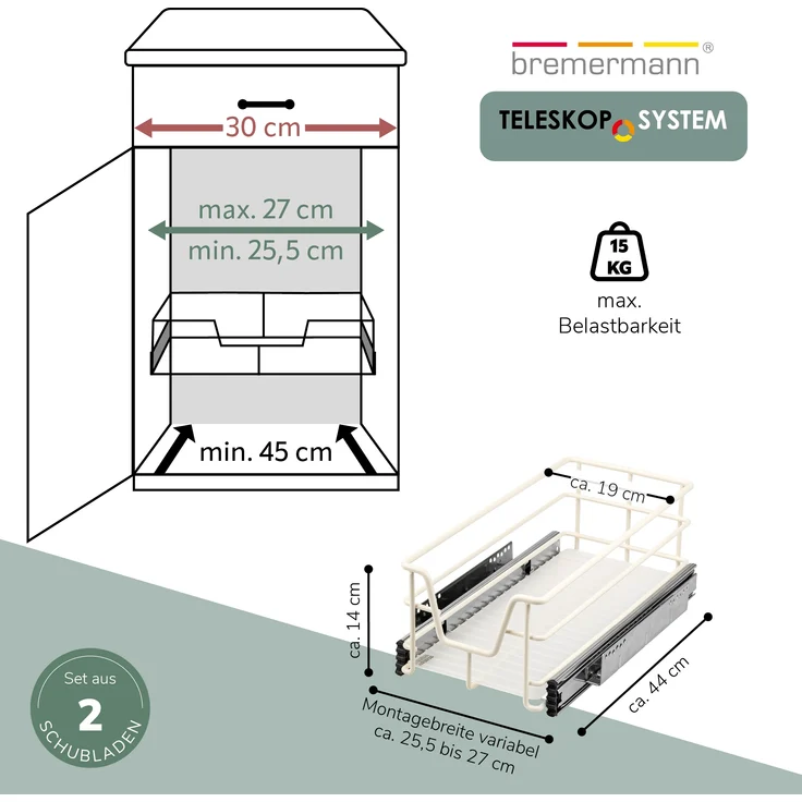 Teleskopschubladen 2er Set - für 30 cm Schrank mit Einlegeboden, aus Metall, (Cremeweiß) – Bild 7
