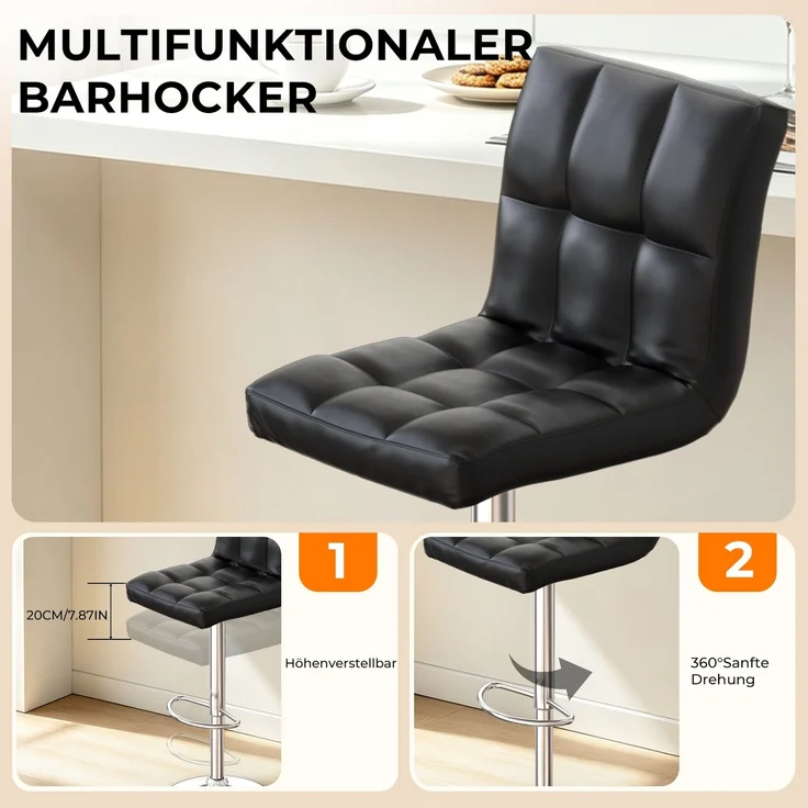 Botifly 2er Set Barhocker Schwarz Kunstleder Höhenverstellbar 60-80cm 360° Drehbar mit Fußstütze, SGS Zertifiziert für Küche Bar – Bild 3
