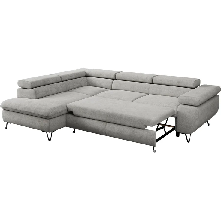 Mks Möbel 'Peter L-form' Ecksofa mit Bettfunktion, Bettkasten & einstellbaren Kopfstützen, Hellgrau, Stoff, links – Bild 6